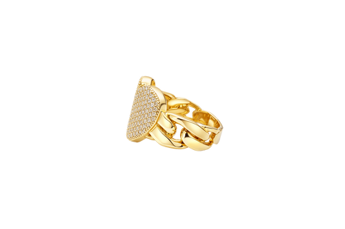 14KT Gold Ring Women's Curved White CZ Stone Cluster Heart Shape Cuban Link Band