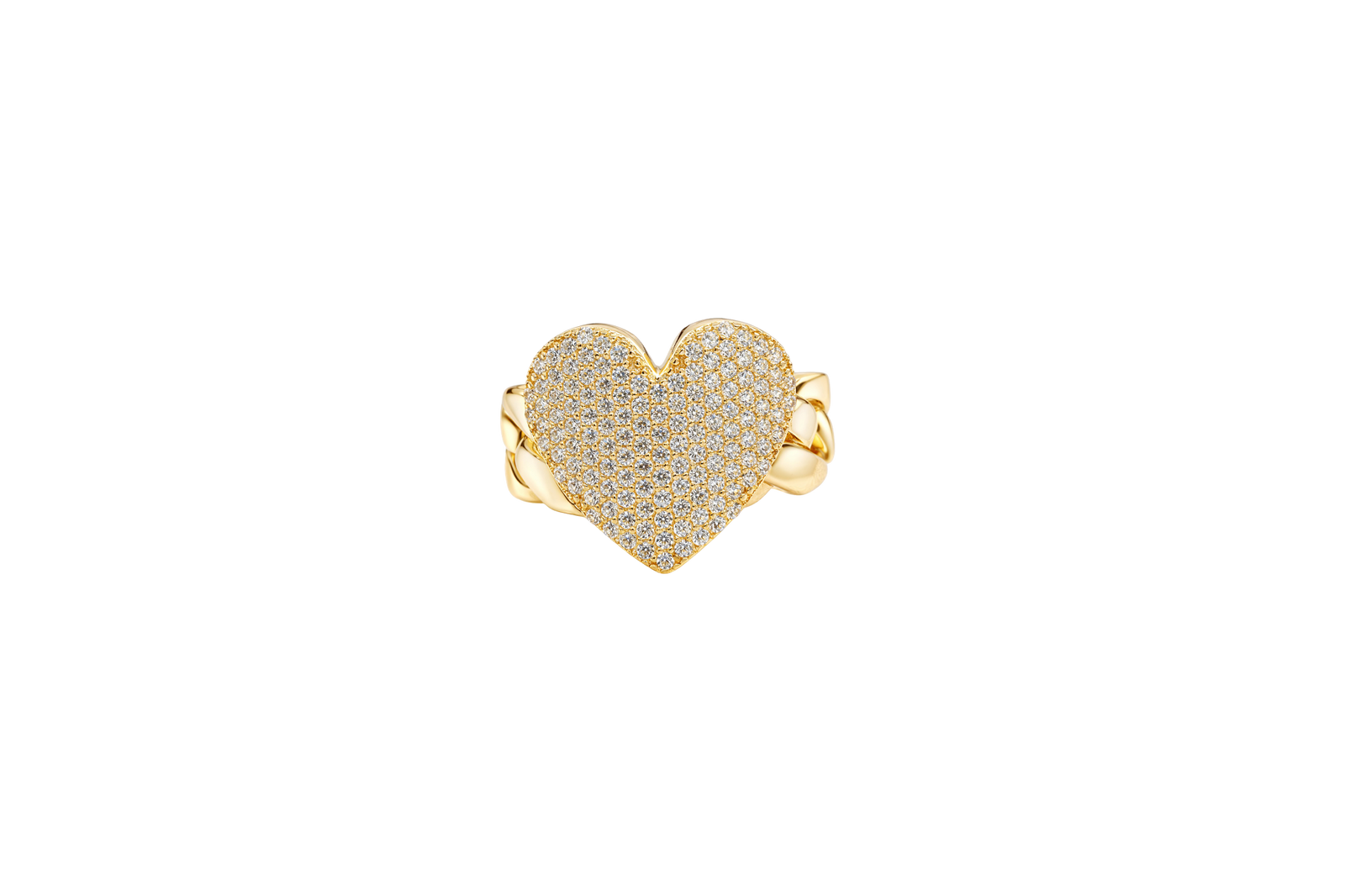 14KT Gold Ring Women's Curved White CZ Stone Cluster Heart Shape Cuban Link Band