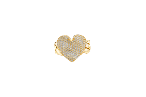 14KT Gold Ring Women's Curved White CZ Stone Cluster Heart Shape Cuban Link Band