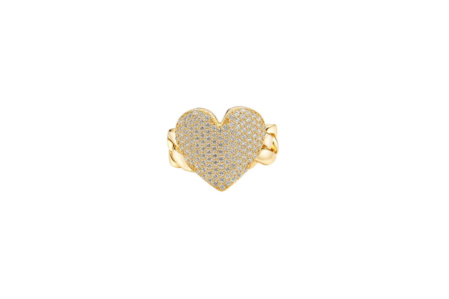 14KT Gold Ring Women's Curved White CZ Stone Cluster Heart Shape Cuban Link Band