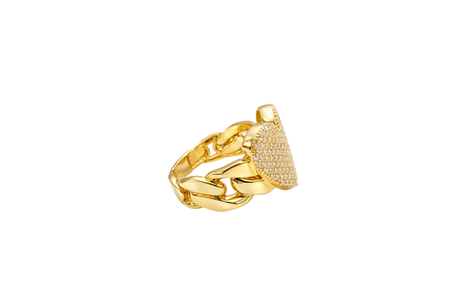 14KT Gold Ring Women's Curved White CZ Stone Cluster Heart Shape Cuban Link Band