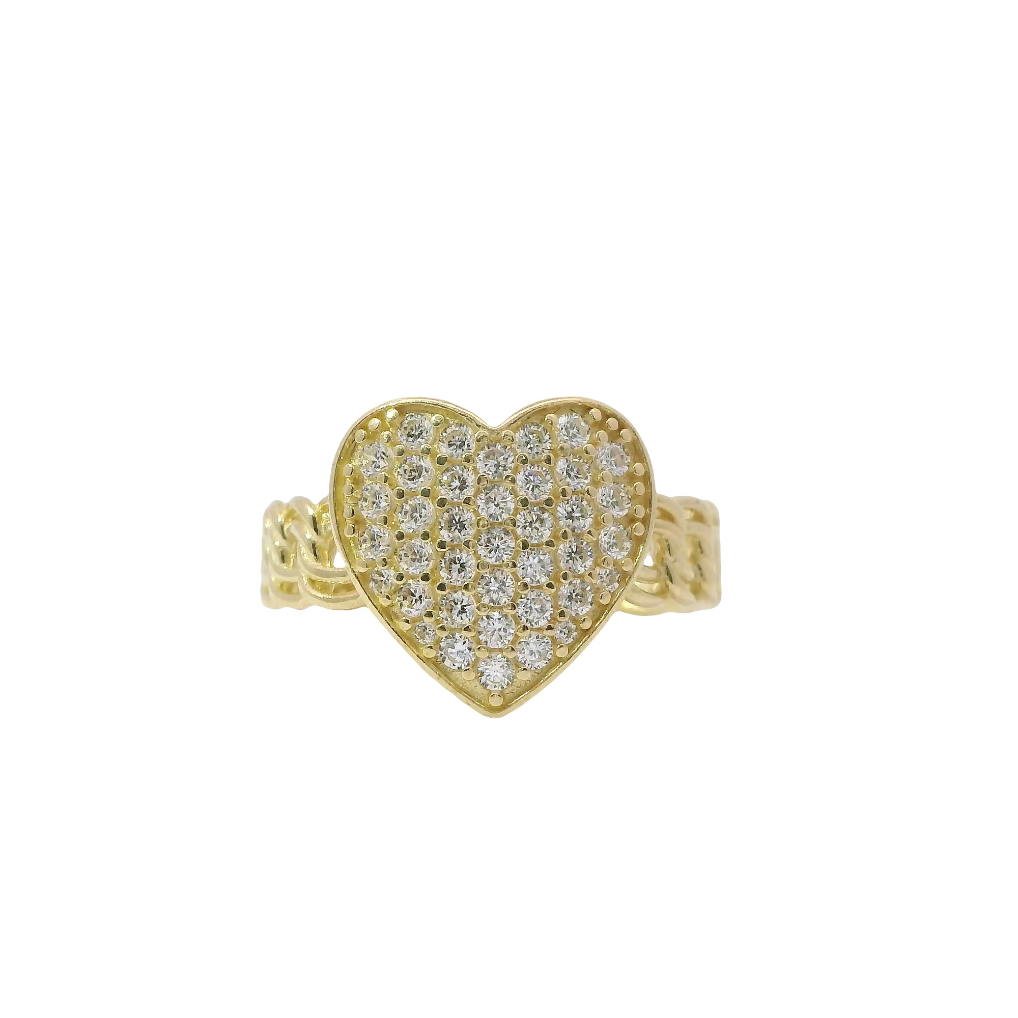 14KT Gold Ring Women's Cluster Curved White CZ Stones Heart Center with Plain Borders and Chino Link Band