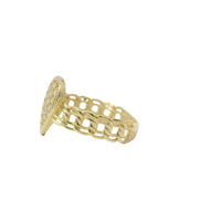 14KT Gold Ring Women's Cluster Curved White CZ Stones Heart Center with Plain Borders and Chino Link Band