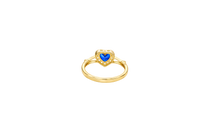 14KT Gold Ring Women's Navy Blue Heart Shape Center CZ Stone with White CZ Stone Border and Plain Split Band with Knots