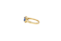 14KT Gold Ring Women's Navy Blue Heart Shape Center CZ Stone with White CZ Stone Border and Plain Split Band with Knots