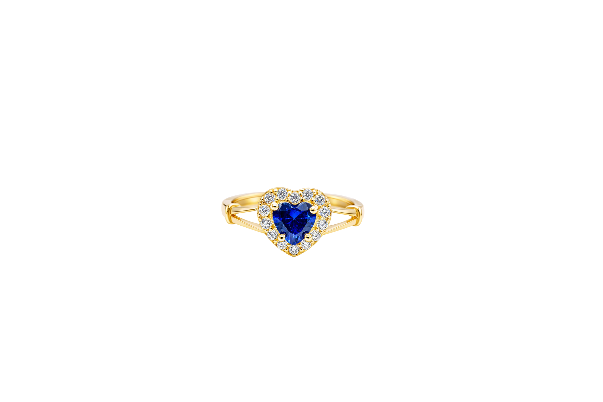14KT Gold Ring Women's Navy Blue Heart Shape Center CZ Stone with White CZ Stone Border and Plain Split Band with Knots