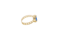 14KT Gold Ring Women's Oval Navy Blue Center Stone with White CZ Stone Border Chino Band