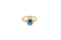 14KT Gold Ring Women's Oval Navy Blue Center Stone with White CZ Stone Border Chino Band