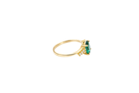 14KT Gold Ring Women's Dark Green Oval Center CZ Stone with 3 High/Low Round White CZ Stones Shoulders and Plain Band