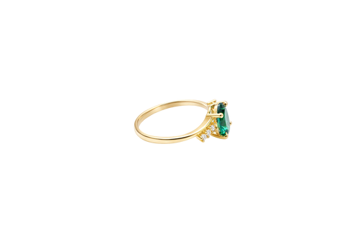 14KT Gold Ring Women's Dark Green Oval Center CZ Stone with 3 High/Low Round White CZ Stones Shoulders and Plain Band