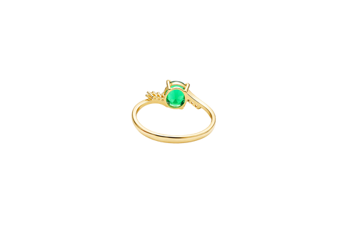 14KT Gold Ring Women's Dark Green Oval Center CZ Stone with 3 High/Low Round White CZ Stones Shoulders and Plain Band