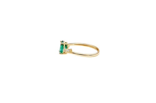 14KT Gold Ring Women's Dark Green Oval Center CZ Stone with 3 High/Low Round White CZ Stones Shoulders and Plain Band