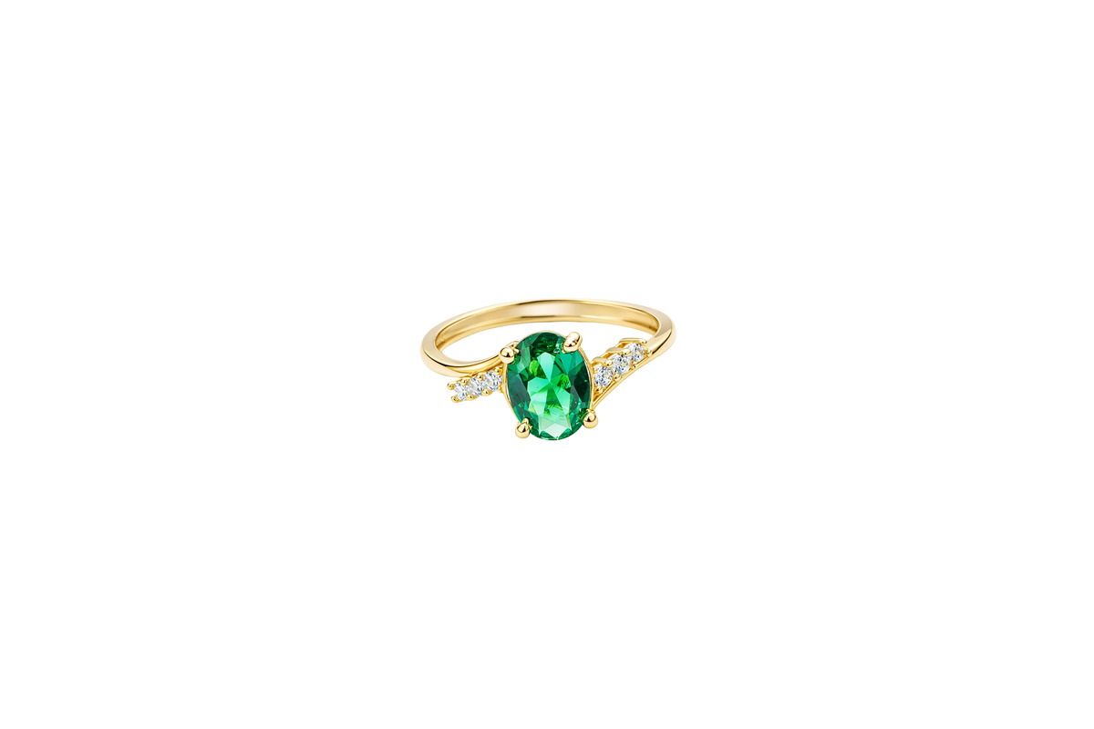 14KT Gold Ring Women's Dark Green Oval Center CZ Stone with 3 High/Low Round White CZ Stones Shoulders and Plain Band