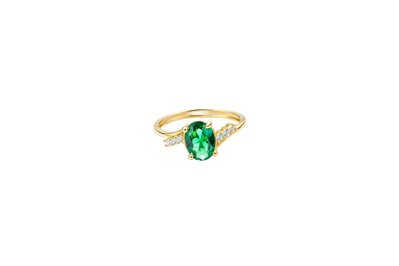 14KT Gold Ring Women's Dark Green Oval Center CZ Stone with 3 High/Low Round White CZ Stones Shoulders and Plain Band