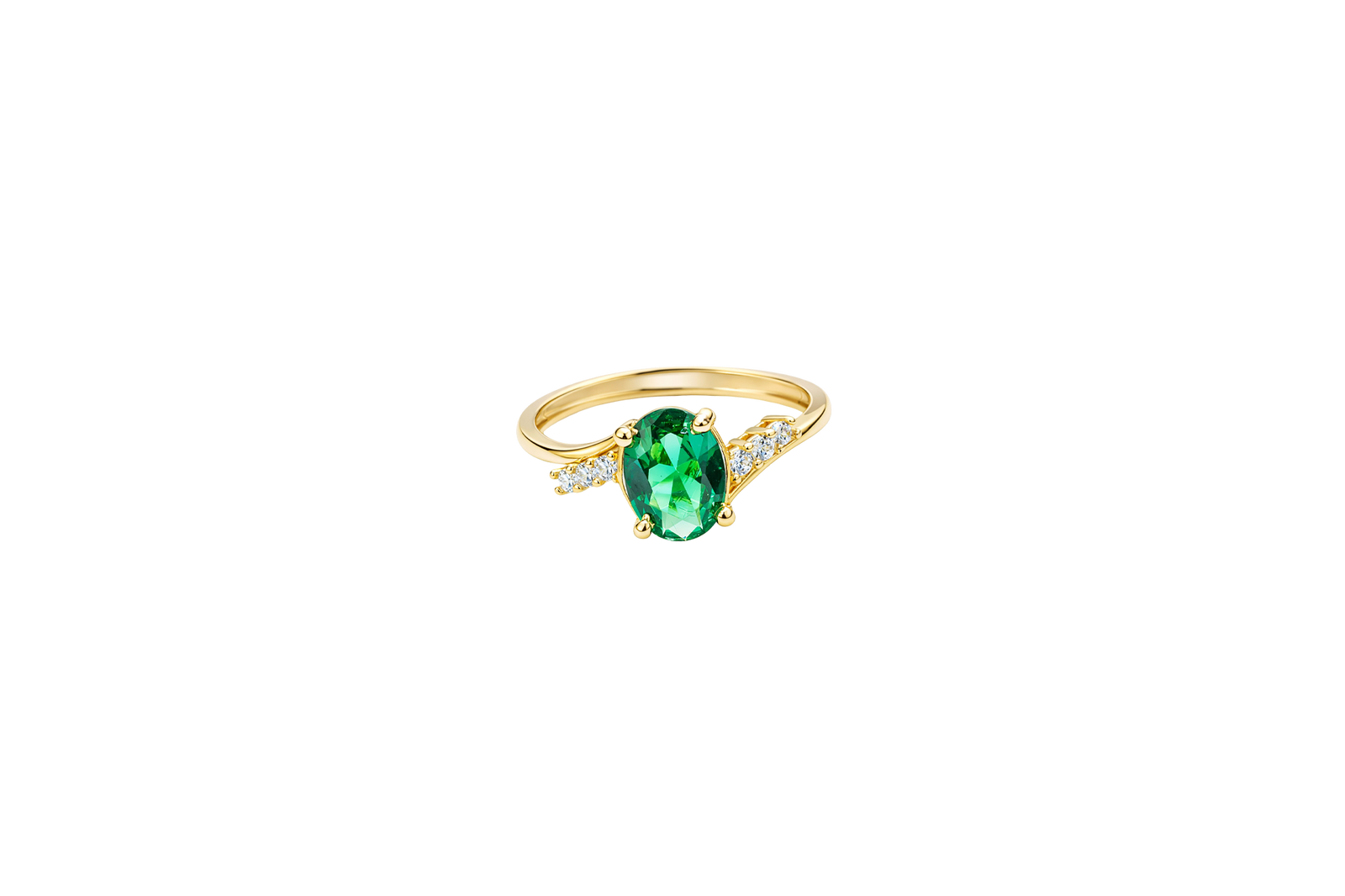 14KT Gold Ring Women's Dark Green Oval Center CZ Stone with 3 High/Low Round White CZ Stones Shoulders and Plain Band
