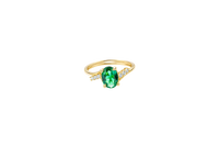 14KT Gold Ring Women's Dark Green Oval Center CZ Stone with 3 High/Low Round White CZ Stones Shoulders and Plain Band