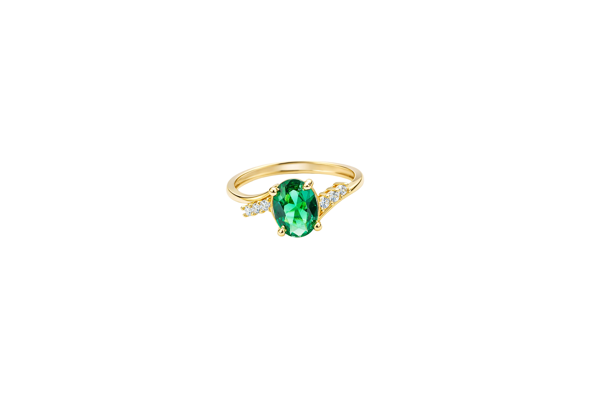 14KT Gold Ring Women's Dark Green Oval Center CZ Stone with 3 High/Low Round White CZ Stones Shoulders and Plain Band