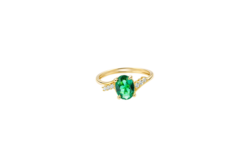 14KT Gold Ring Women's Dark Green Oval Center CZ Stone with 3 High/Low Round White CZ Stones Shoulders and Plain Band