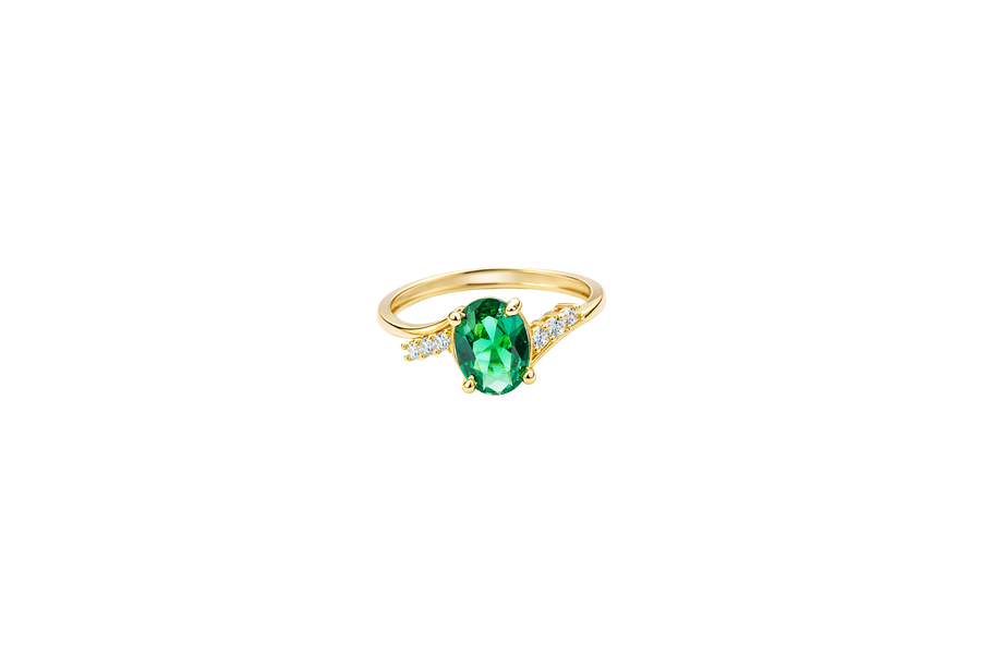 14KT Gold Ring Women's Dark Green Oval Center CZ Stone with 3 High/Low Round White CZ Stones Shoulders and Plain Band