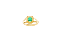 14KT Gold Ring Women's Dark Green Rectangle Center CZ with Round White CZ Stone Border and Plain Octagon Border with Split CZ Stone Band