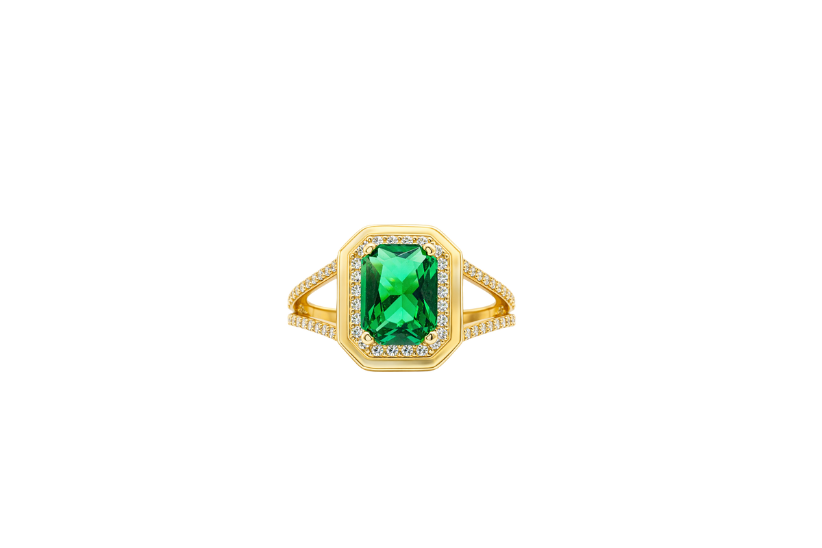 14KT Gold Ring Women's Dark Green Rectangle Center CZ with Round White CZ Stone Border and Plain Octagon Border with Split CZ Stone Band