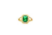 14KT Gold Ring Women's Dark Green Rectangle Center CZ with Round White CZ Stone Border and Plain Octagon Border with Split CZ Stone Band