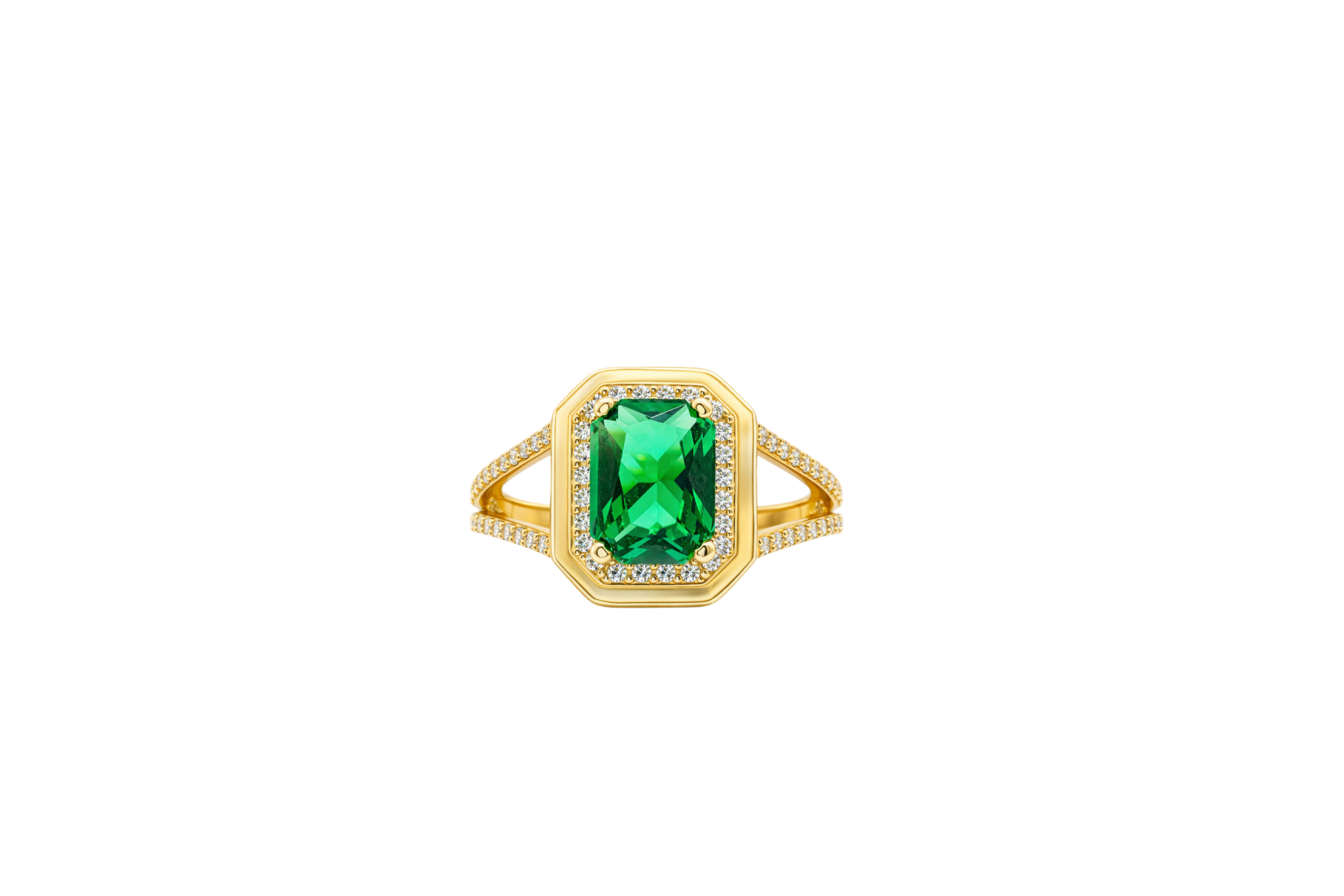 14KT Gold Ring Women's Dark Green Rectangle Center CZ with Round White CZ Stone Border and Plain Octagon Border with Split CZ Stone Band
