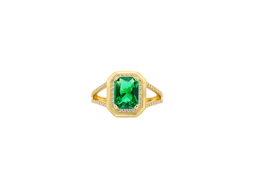 14KT Gold Ring Women's Dark Green Rectangle Center CZ with Round White CZ Stone Border and Plain Octagon Border with Split CZ Stone Band