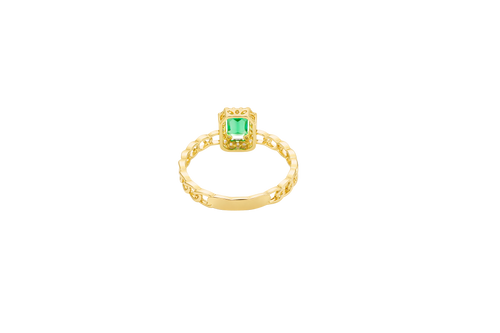 14KT Gold Ring Women's Dark Green Rectangle Center Stone with White CZ Stone Border and Chino Link Band