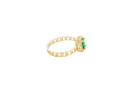 14KT Gold Ring Women's Dark Green Rectangle Center Stone with White CZ Stone Border and Chino Link Band