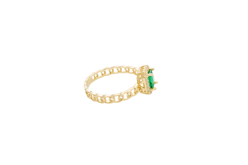 14KT Gold Ring Women's Dark Green Rectangle Center Stone with White CZ Stone Border and Chino Link Band