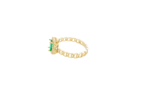 14KT Gold Ring Women's Dark Green Rectangle Center Stone with White CZ Stone Border and Chino Link Band