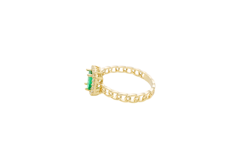 14KT Gold Ring Women's Dark Green Rectangle Center Stone with White CZ Stone Border and Chino Link Band