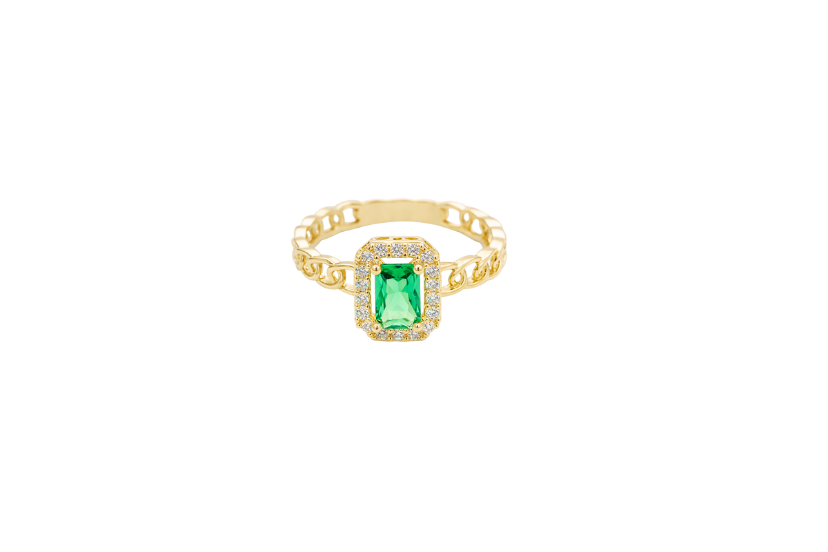 14KT Gold Ring Women's Dark Green Rectangle Center Stone with White CZ Stone Border and Chino Link Band