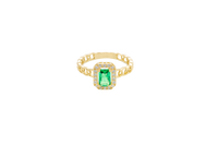 14KT Gold Ring Women's Dark Green Rectangle Center Stone with White CZ Stone Border and Chino Link Band