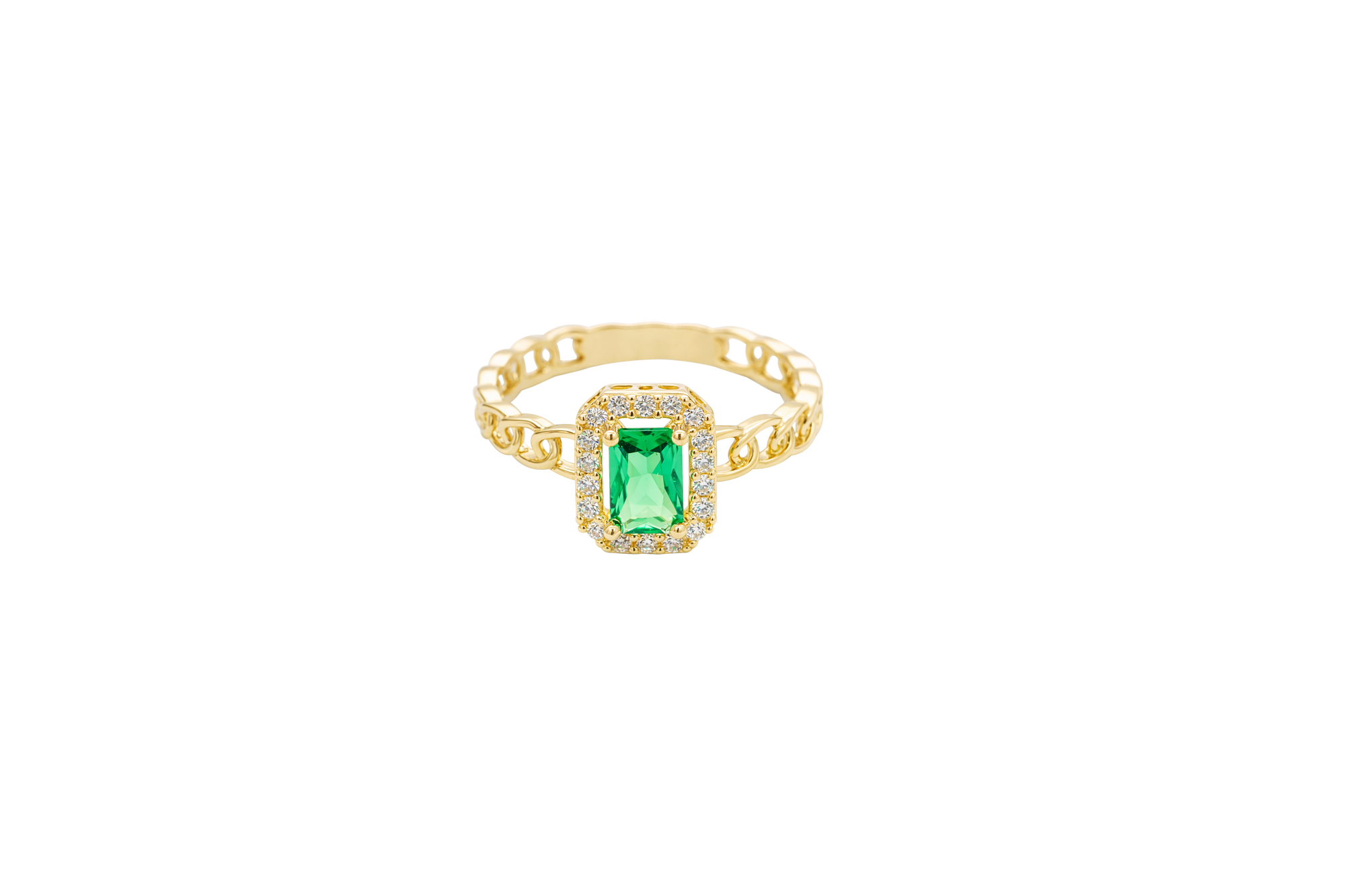 14KT Gold Ring Women's Dark Green Rectangle Center Stone with White CZ Stone Border and Chino Link Band