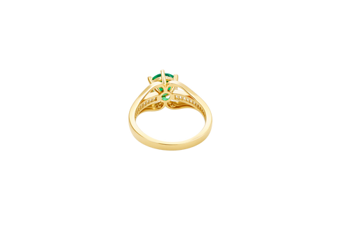 14KT Gold Ring Women's Dark Green Round 6 Prong Center CZ with White Baguette CZ Band and Plain Lips Border