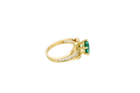 14KT Gold Ring Women's Dark Green Round 6 Prong Center CZ with White Baguette CZ Band and Plain Lips Border