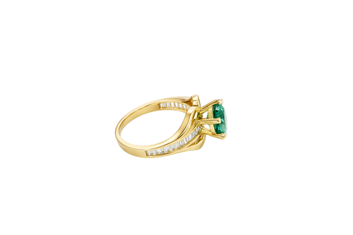 14KT Gold Ring Women's Dark Green Round 6 Prong Center CZ with White Baguette CZ Band and Plain Lips Border