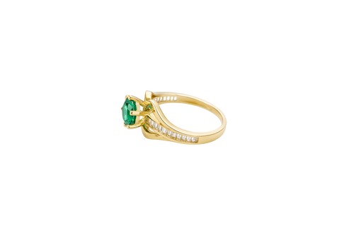 14KT Gold Ring Women's Dark Green Round 6 Prong Center CZ with White Baguette CZ Band and Plain Lips Border