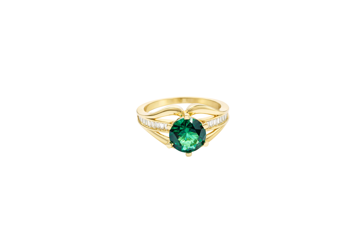 14KT Gold Ring Women's Dark Green Round 6 Prong Center CZ with White Baguette CZ Band and Plain Lips Border