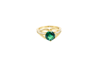 14KT Gold Ring Women's Dark Green Round 6 Prong Center CZ with White Baguette CZ Band and Plain Lips Border