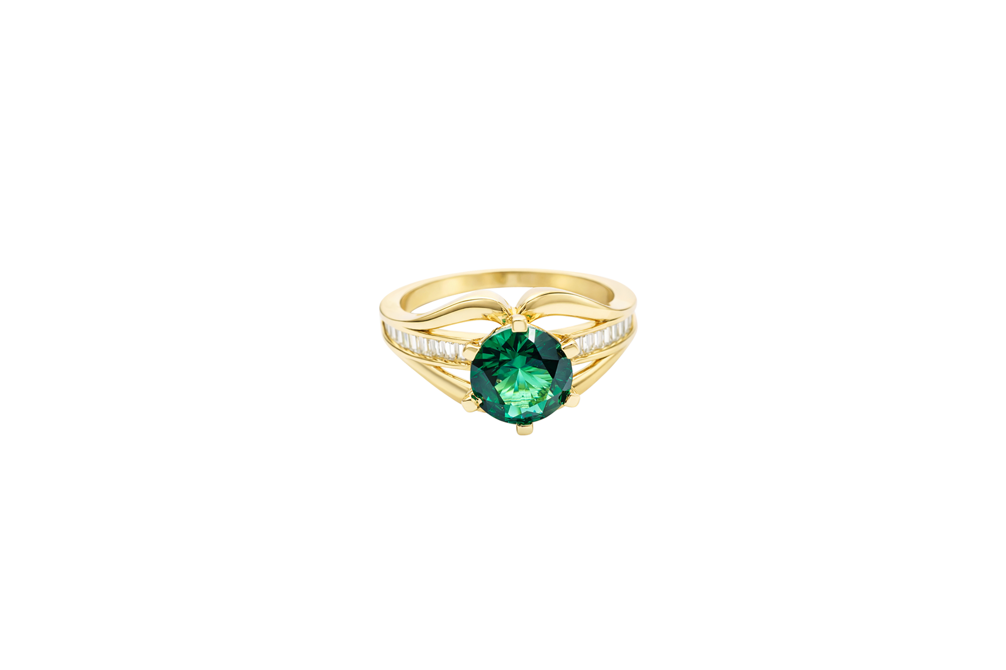 14KT Gold Ring Women's Dark Green Round 6 Prong Center CZ with White Baguette CZ Band and Plain Lips Border