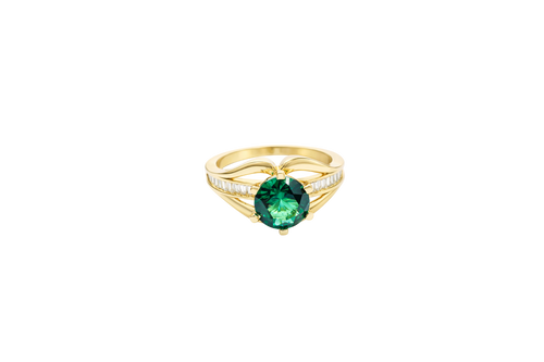 14KT Gold Ring Women's Dark Green Round 6 Prong Center CZ with White Baguette CZ Band and Plain Lips Border