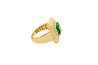14KT Gold Ring Women's Dark Green Square Center CZ Stone Double Platform Border of Round White CZ Stones Mock Link Border Plain Band