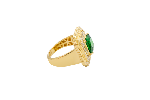 14KT Gold Ring Women's Dark Green Square Center CZ Stone Double Platform Border of Round White CZ Stones Mock Link Border Plain Band