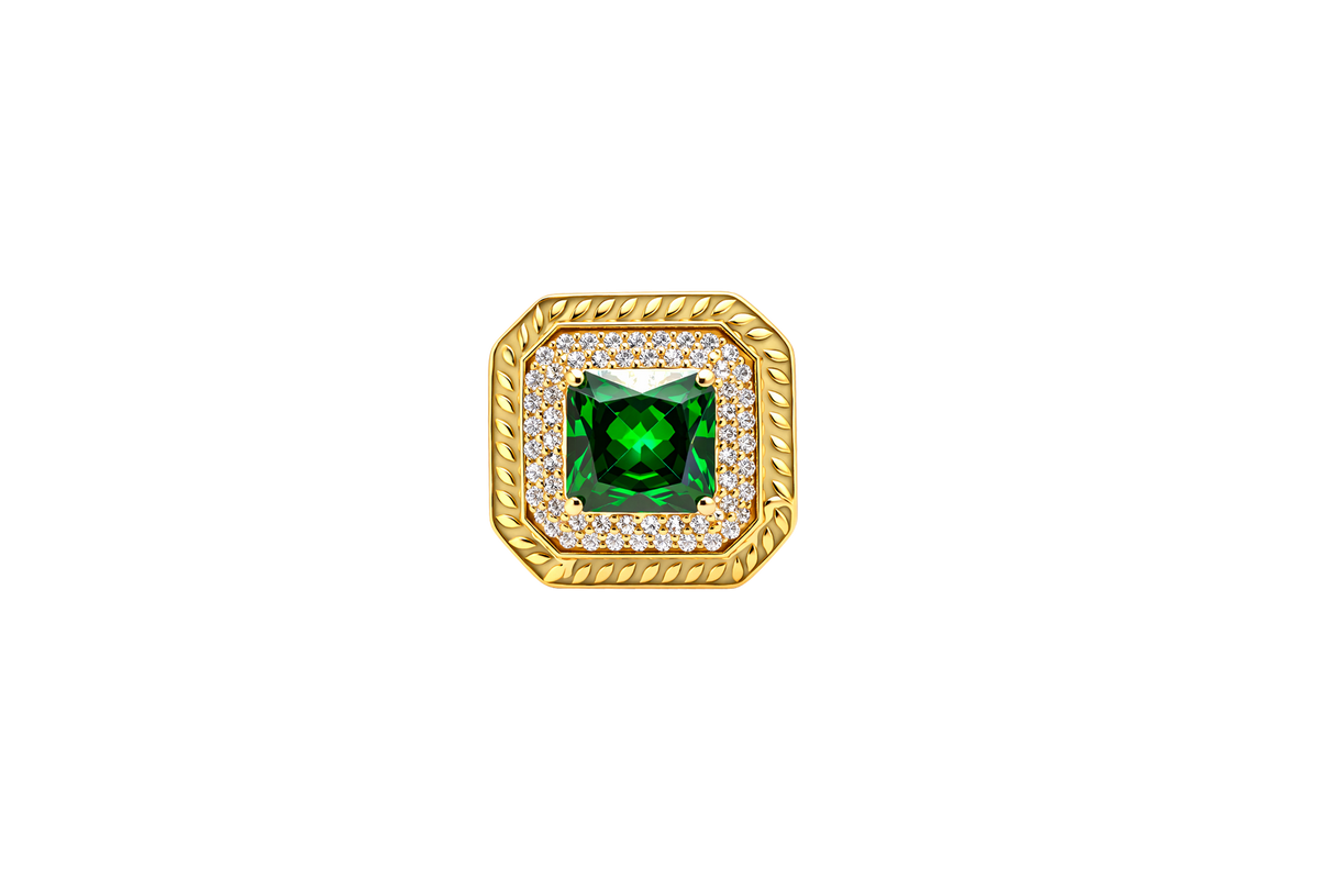 14KT Gold Ring Women's Dark Green Square Center CZ Stone Double Platform Border of Round White CZ Stones Mock Link Border Plain Band
