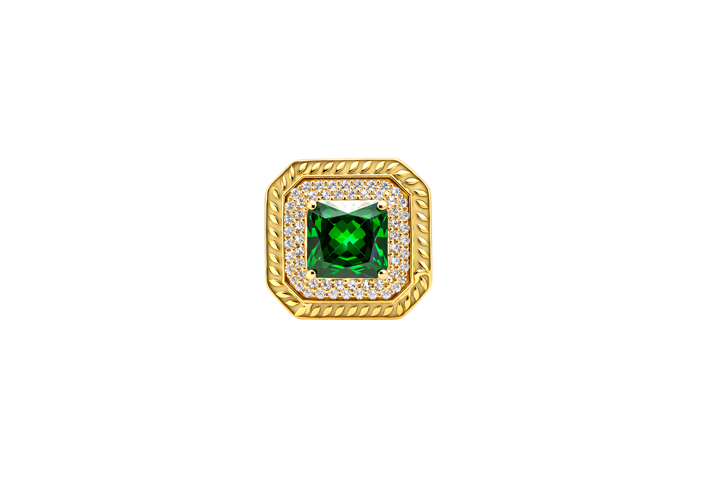 14KT Gold Ring Women's Dark Green Square Center CZ Stone Double Platform Border of Round White CZ Stones Mock Link Border Plain Band