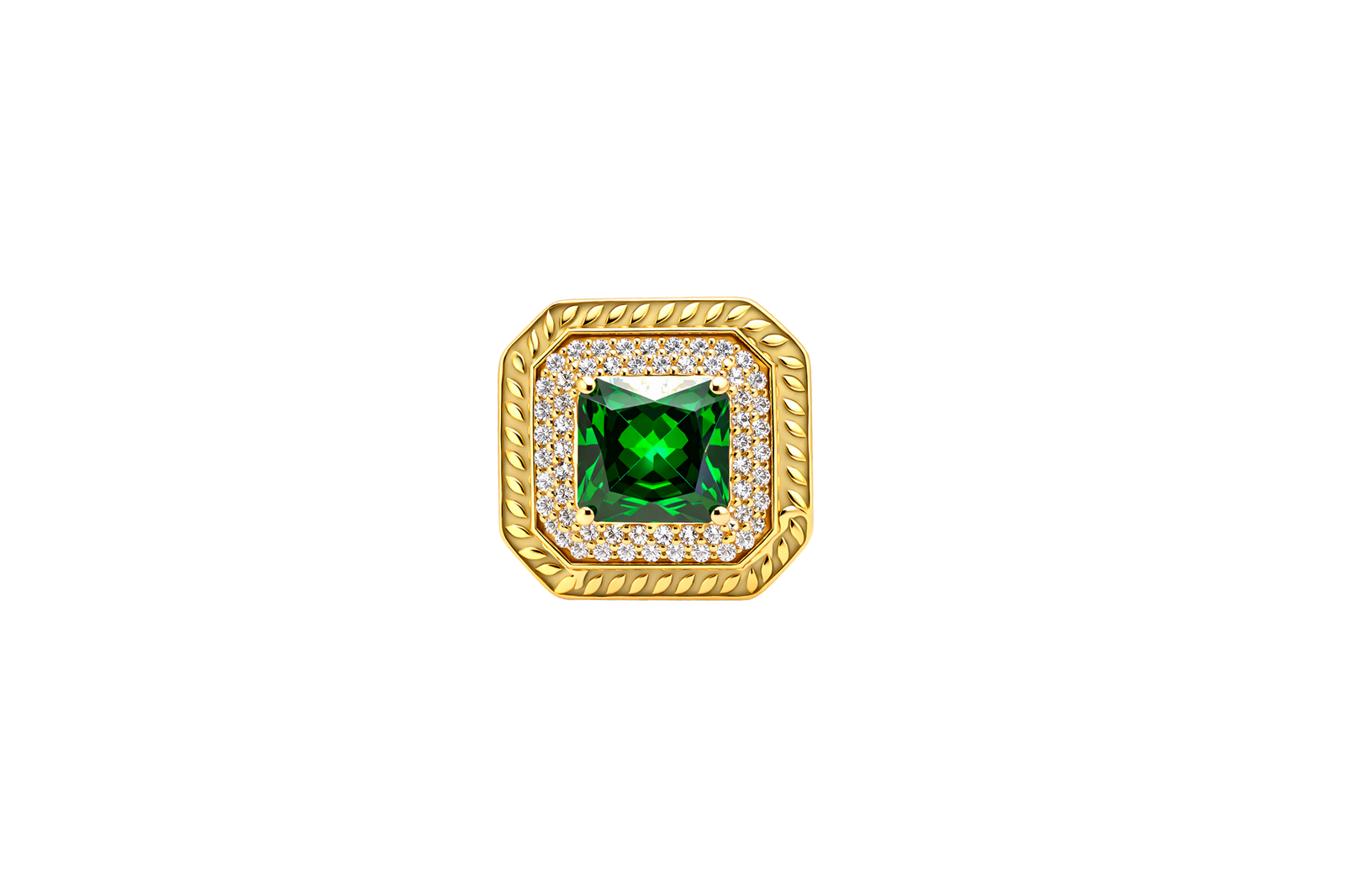 14KT Gold Ring Women's Dark Green Square Center CZ Stone Double Platform Border of Round White CZ Stones Mock Link Border Plain Band