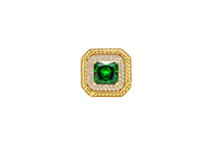 14KT Gold Ring Women's Dark Green Square Center CZ Stone Double Platform Border of Round White CZ Stones Mock Link Border Plain Band